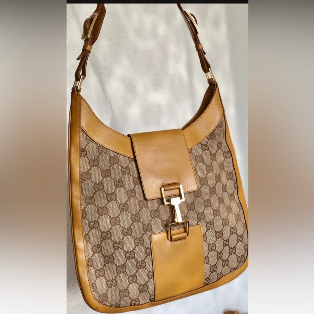 GUCCI GG canvas Horsebit Shoulder bag Camel Vintage